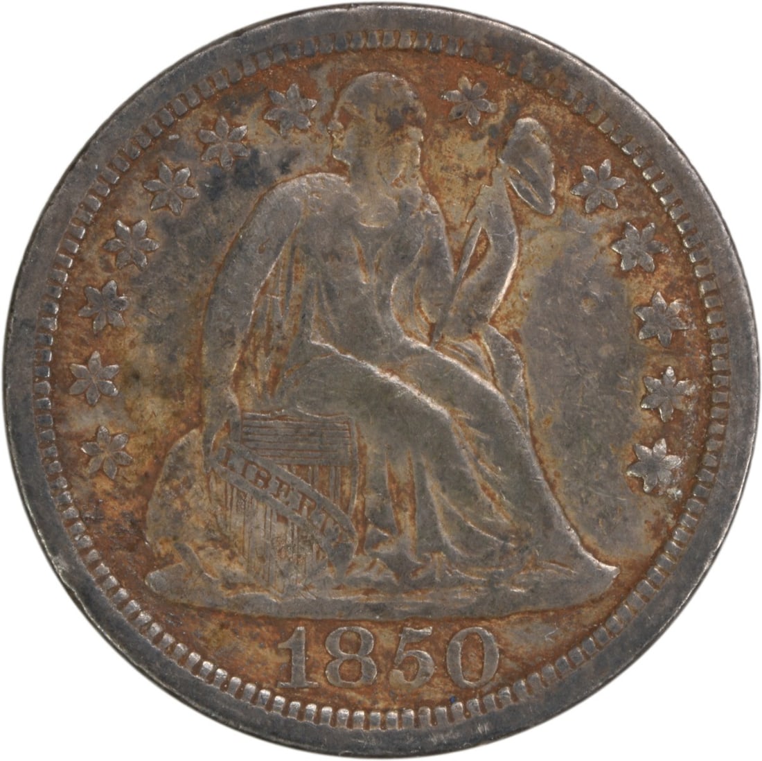 1850 Liberty Seated Silver Dime VF Uncertified 90% Silver by Christian Gobrecht: 1850 Liberty Seated Silver Dime VF Uncertified 90% Silver by Christian Gobrecht This 1850 Liberty Seated Silver Dime is a beautiful example of American coinage. Featuring a design by Christian Gobrech
