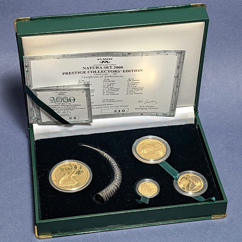 South Africa Natura 4 Coin Proof Gold Set Sable Antelope OGP COA: South Africa Natura 4 Coin Proof Gold Set Sable Antelope OGP COA This is a 2000 South Africa Mint 4 Coin Proof Gold Natura Set featuring the Sable Antelope. The set is uncirculated and includes four p