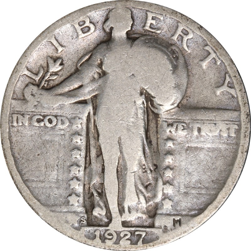 1927-S Standing Liberty Quarter Silver Coin Circulated: 1927-S Standing Liberty Quarter Silver Coin Circulated This 1927-S Standing Liberty Quarter is a classic piece of American numismatic history. It features a composition of 90% silver, showcasing the i