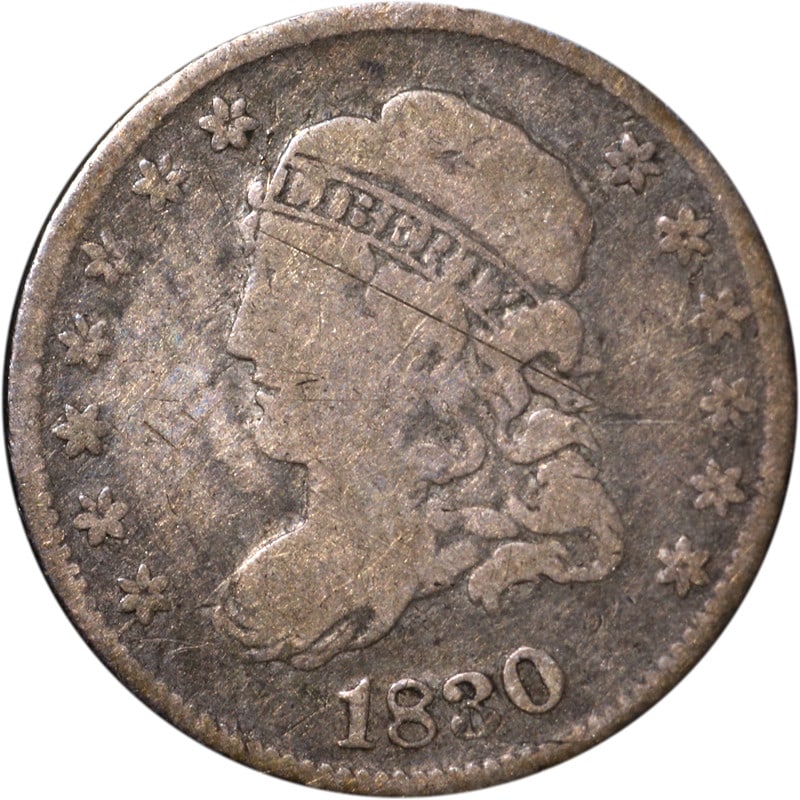 1830 United States Silver Bust Half Dime: 1830 United States Silver Bust Half Dime This 1830 Bust Half Dime is a circulated coin from the United States, composed of silver. It is a pre-owned item and comes uncertified. Specifications Certific