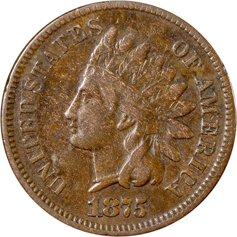 Copper One Cent Coin United States 1875 Indian Head Design Circulated: Copper One Cent Coin United States 1875 Indian Head Design Circulated This is a 1875 Indian Cent from the United States, composed of copper. The coin is circulated and uncertified, and is in pre-owned