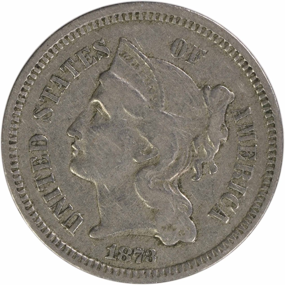 1873 Three Cent Nickel Philadelphia Coin VF Grade Uncertified: 1873 Three Cent Nickel Philadelphia Coin VF Grade Uncertified This is an 1873 Three Cent Nickel coin from the United States, featuring a 'Closed 3' design. Struck at the Philadelphia Mint, this circul