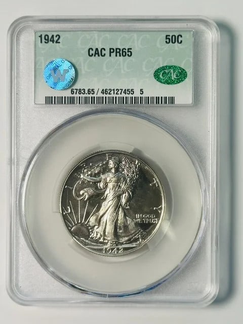 1942 Walking Liberty Half Dollar Proof Silver CAC PR 65: 1942 Walking Liberty Half Dollar Proof Silver CAC PR 65 This 1942 Walking Liberty Half Dollar is a proof coin graded PR 65 and certified by CAC. Composed of silver, this coin originates from the USA a