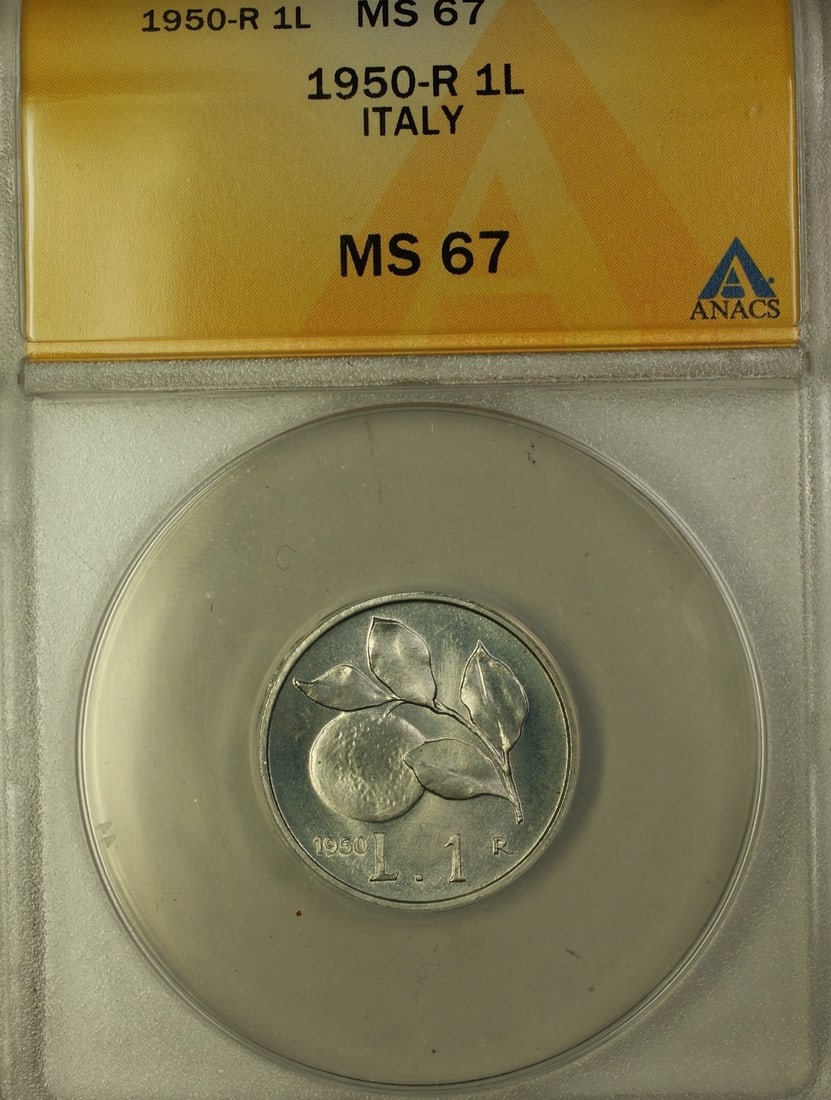 ANACS MS-67 1950 Italy 1 Lira Aluminum Coin Rome: ANACS MS-67 1950 Italy 1 Lira Aluminum Coin Rome This is a 1950 Italy 1 Lira coin, graded MS 67 by ANACS. The coin is uncirculated and composed of aluminum. It originates from Rome, Italy, and feature