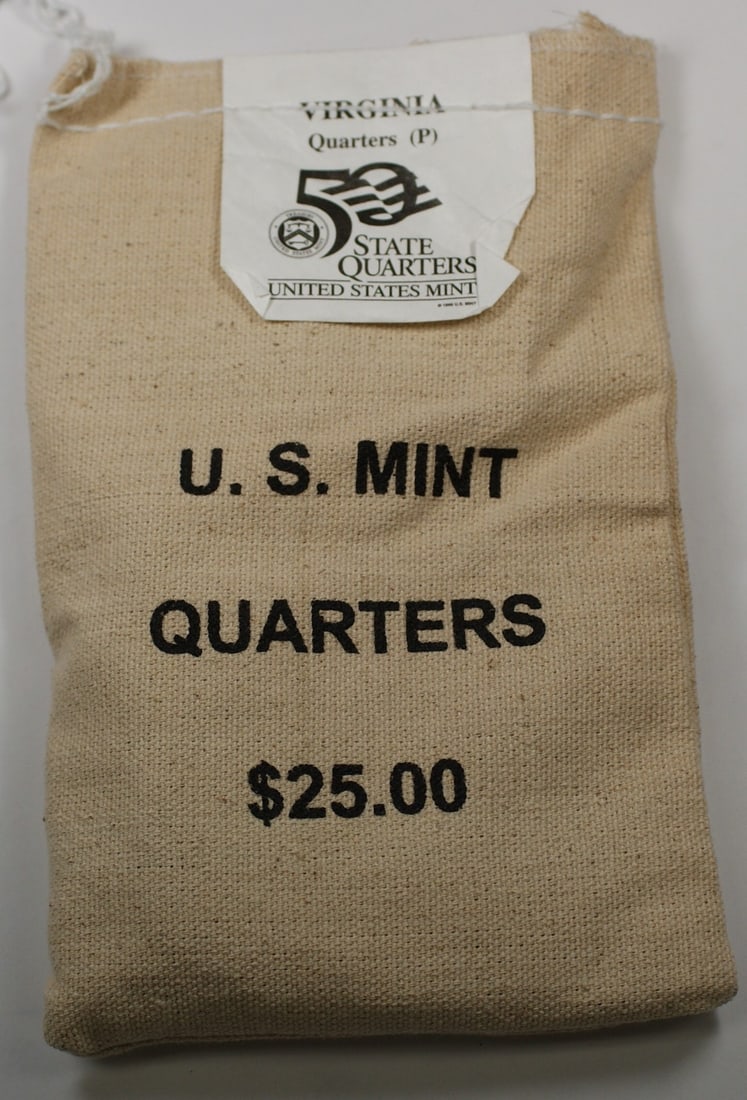 Sealed 100-Coin 2000-P Virginia Quarters US Mint Bag Uncirculated: Sealed 100-Coin 2000-P Virginia Quarters US Mint Bag Uncirculated This is a sealed original U.S. Mint sewn bag containing 100 uncirculated 2000-P Virginia Statehood Quarters, each with a denomination 