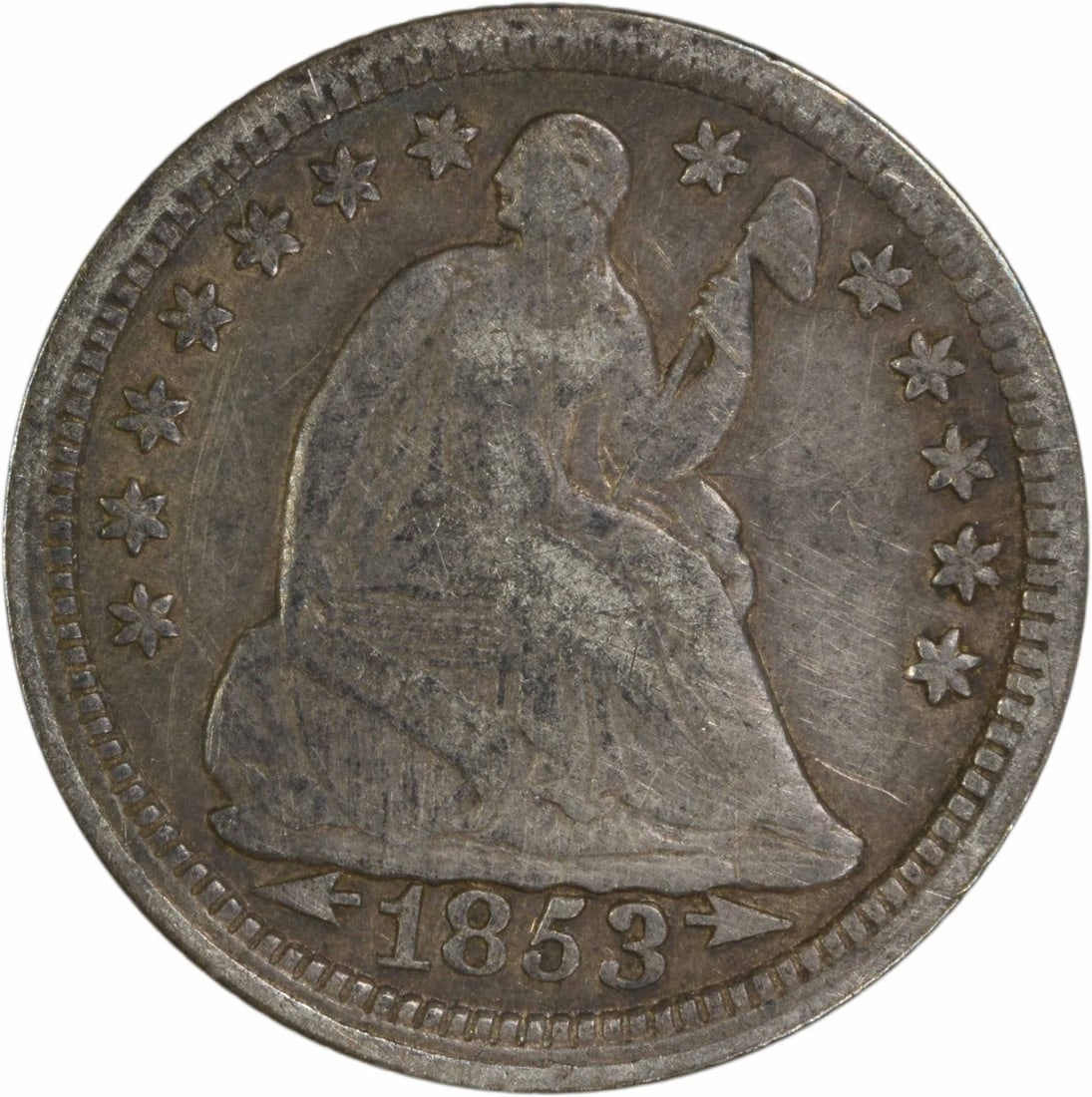 1853 Liberty Seated Half Dime 90% Silver Uncertified EF: 1853 Liberty Seated Half Dime 90% Silver Uncertified EF This 1853 Liberty Seated Silver Half Dime features a classic design by Christian Gobrecht and is a notable piece in United States coinage histor