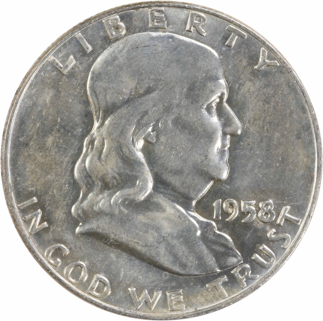 1958-D Uncirculated Franklin Silver 50 Cent Coin Choice BU Plus Uncertified: 1958-D Uncirculated Franklin Silver 50 Cent Coin Choice BU Plus Uncertified This is a 1958-D Franklin Silver Half Dollar in uncirculated condition with a Choice BU+ grade. The coin is uncertified and 