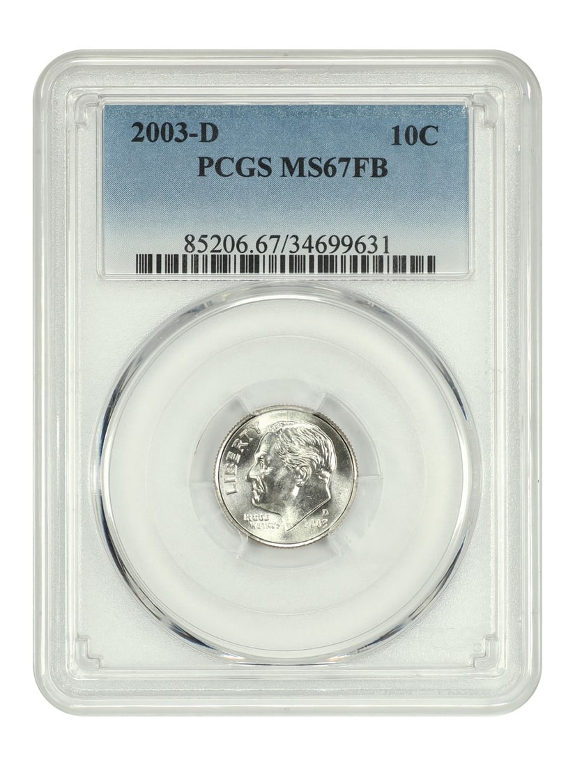 PCGS MS67FB 2003 Denver Roosevelt Dime 10C Uncirculated: PCGS MS67FB 2003 Denver Roosevelt Dime 10C Uncirculated This is a 2003-D Roosevelt Dime graded MS67FB by PCGS. The coin is uncirculated and features a Full Bands (FB) designation, indicating sharply d