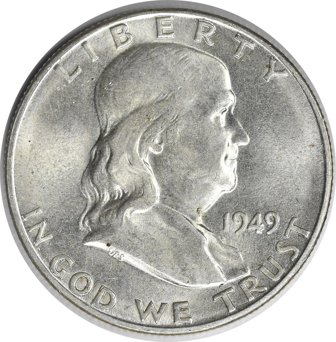 1949-S Franklin Half Dollar 90% Silver AU Uncertified Coin: 1949-S Franklin Half Dollar 90% Silver AU Uncertified Coin This 1949-S Franklin Silver Half Dollar is a remarkable addition for any coin collector. Graded as AU (About Uncirculated), this coin showcas