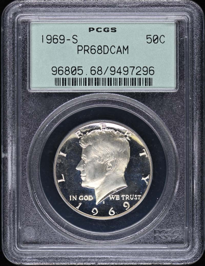 1969-S Kennedy Half Dollar PCGS PR68DCAM Silver Clad Uncirculated: 1969-S Kennedy Half Dollar PCGS PR68DCAM Silver Clad Uncirculated This 1969-S Kennedy Half Dollar is a stunning piece featuring a silver clad finish and has been certified by PCGS. It is graded as PR6