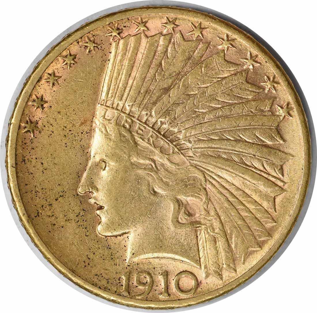 1910-S $10 Gold Indian Coin by Saint Gaudens AU Uncertified: 1910-S $10 Gold Indian Coin by Saint Gaudens AU Uncertified This 1910-S $10 Gold Indian coin features the renowned design by Augustus Saint Gaudens, showcasing intricate detailing and historical signi