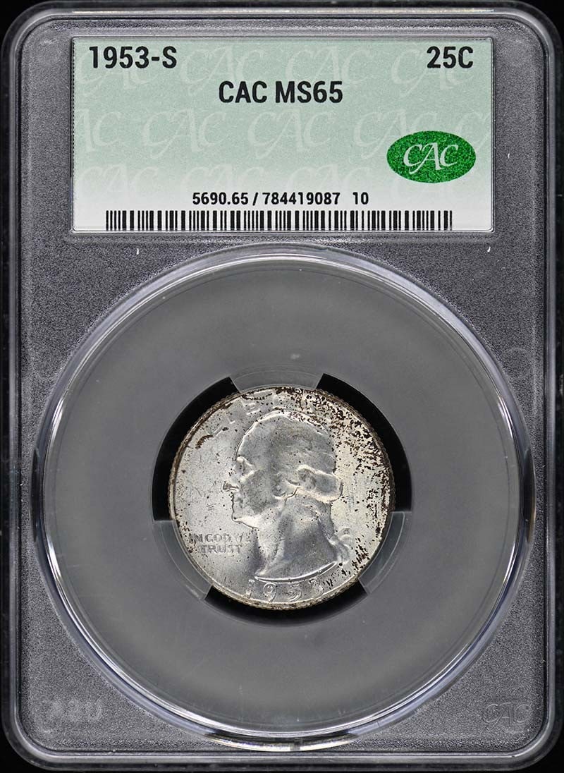 1953-S Washington Quarter CACG MS65 Uncirculated Coin: 1953-S Washington Quarter CACG MS65 Uncirculated Coin This 1953-S Washington Quarter, certified by CACG with certification number 784419087, is graded MS65, indicating it is in uncirculated condition.