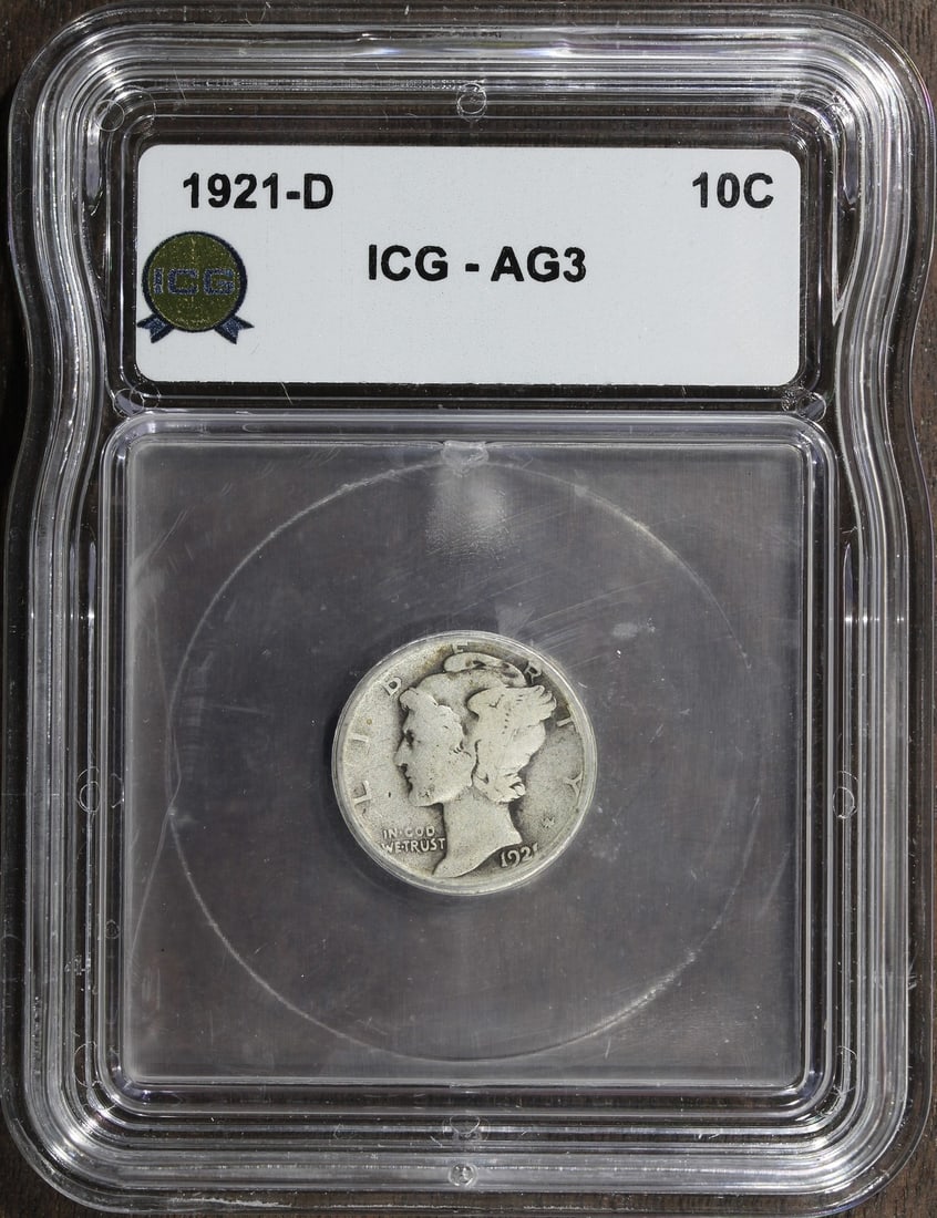 1921-D Mercury 10C Silver Key Date ICG AG03: 1921-D Mercury 10C Silver Key Date ICG AG03 This 1921-D Mercury Dime is a key date coin from the Denver Mint. Composed of 90% silver, it features the classic Mercury design and is a collectible piece 