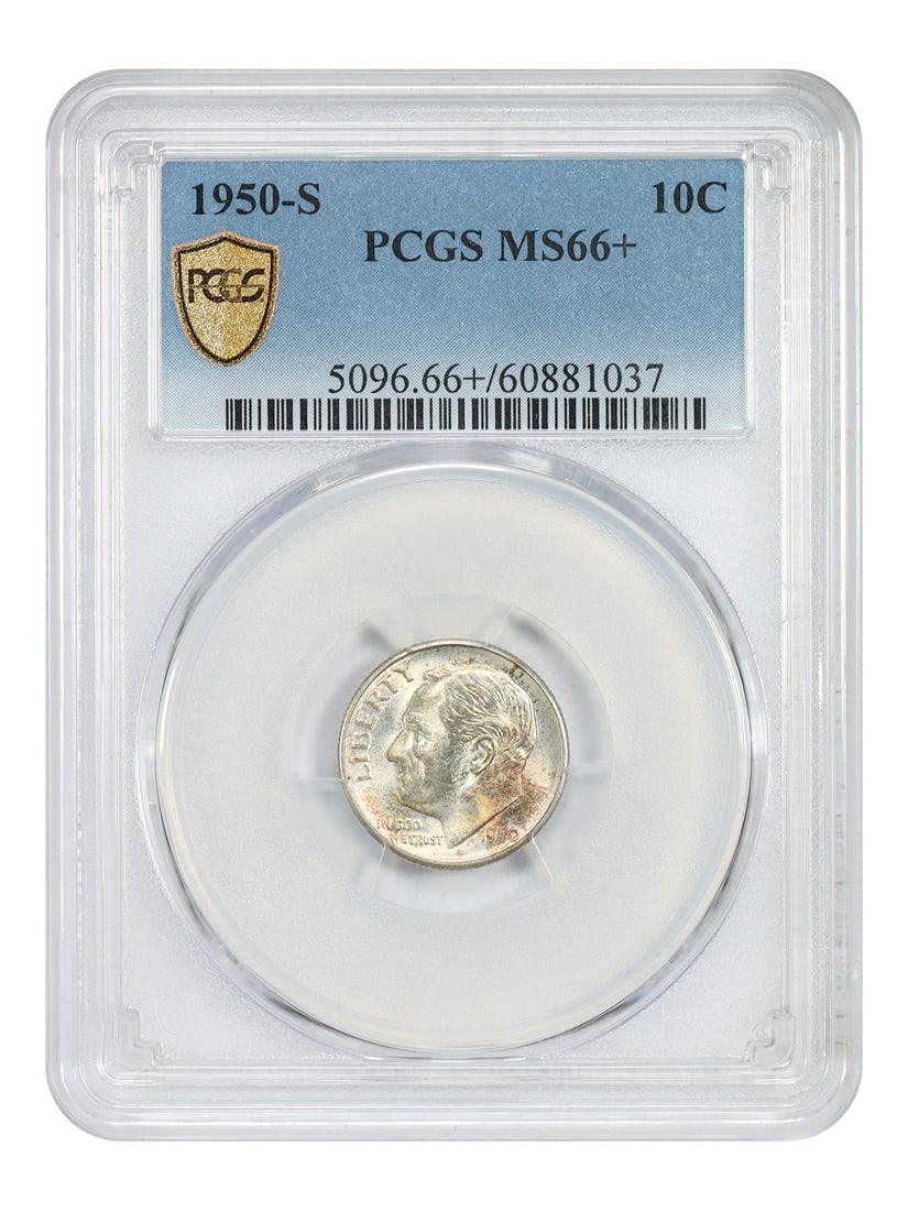 1950 San Francisco Roosevelt Dime PCGS MS66 Plus Uncirculated 10 Cent Coin: 1950 San Francisco Roosevelt Dime PCGS MS66 Plus Uncirculated 10 Cent Coin This is a 1950-S Roosevelt Dime graded MS66+ by PCGS. The coin is uncirculated and was minted in San Francisco. It is part of