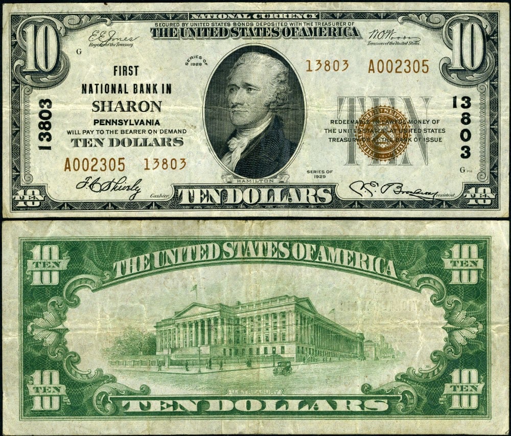 1929 T-2 $10 National Bank Note Sharon PA Ch #13803: 1929 T-2 $10 National Bank Note Sharon PA Ch #13803 This is a 1929 T-2 National Bank Note with a denomination of $10 from Sharon, Pennsylvania. The note is circulated and graded as Very Fine (VF), sho