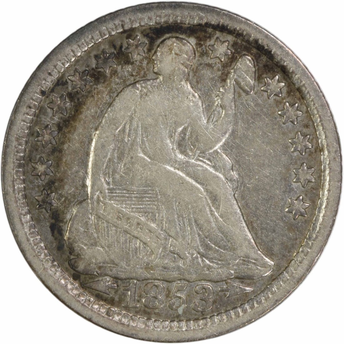 1853 Liberty Seated Half Dime Uncertified 90% Silver VF: 1853 Liberty Seated Half Dime Uncertified 90% Silver VF This 1853 Liberty Seated Silver Half Dime is a remarkable piece of American coinage. Struck in Philadelphia, this circulated coin features a gra
