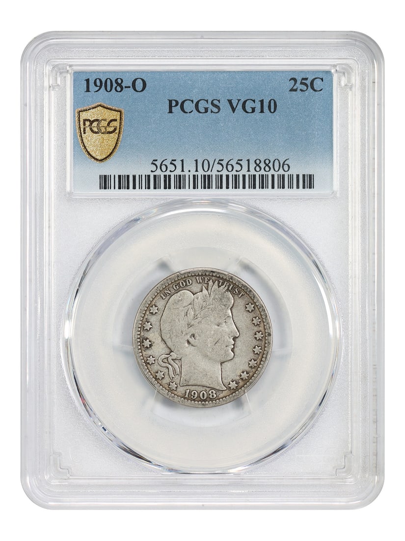 Barber Quarter 1908-O PCGS Graded VG10 New Orleans Mint 25C Coin: Barber Quarter 1908-O PCGS Graded VG10 New Orleans Mint 25C Coin This is a 1908-O Barber Quarter graded VG10 by PCGS. Minted in New Orleans, this circulated coin is part of the Barber Quarter series a