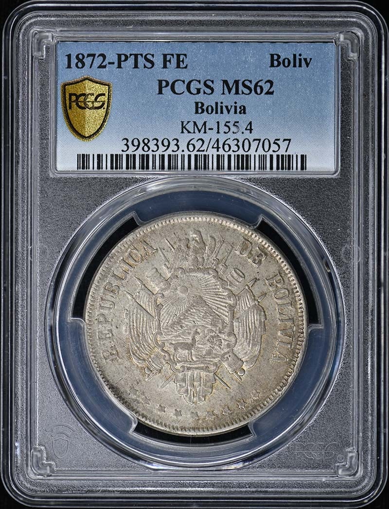 Bolivia 1872 PTS FE KM-155.4 PCGS MS62: Bolivia 1872 PTS FE KM-155.4 PCGS MS62 This is an 1872-PTS Boliv FE KM-155.4 coin from Bolivia, graded MS62 by PCGS. The coin is uncirculated and comes with PCGS certification. Specifications Year: 18