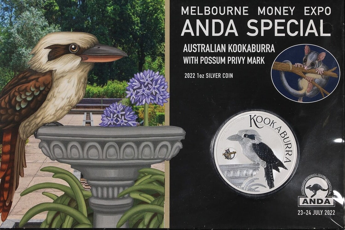 2022 Australia Silver Kookaburra $1 Possum Privy ANDA Special: 2022 Australia Silver Kookaburra $1 Possum Privy ANDA Special This 2022 Australia 1 Ounce Silver $1 Kookaburra Possum Privy coin is a special Melbourne ANDA Money Expo issue. Struck in .999 fine silve