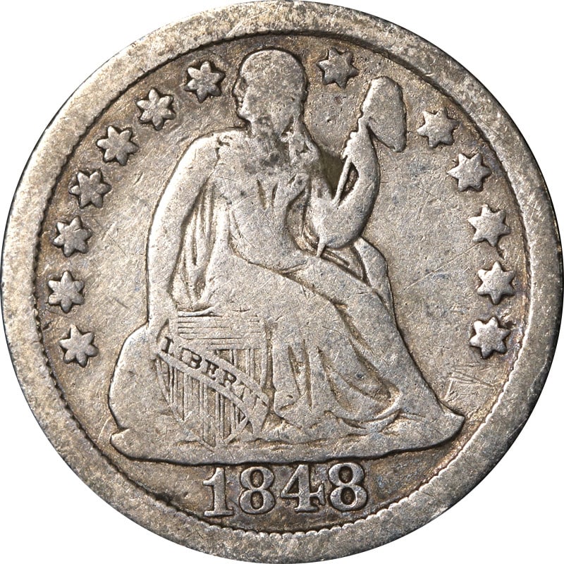1848 P Silver Seated Liberty Dime: 1848 P Silver Seated Liberty Dime This is an 1848 Seated Liberty Dime from the United States, composed of 90% silver. The coin is in circulated condition and is not certified. It was produced at the P