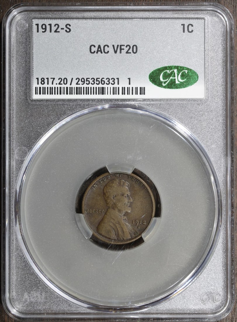 San Francisco 1912-S Lincoln Wheat Cent CACG VF20 Better Date: San Francisco 1912-S Lincoln Wheat Cent CACG VF20 Better Date This 1912-S Lincoln Wheat Cent is a small cent composed of copper, featuring the classic wheat reverse design. Graded VF20 by CAC, this co