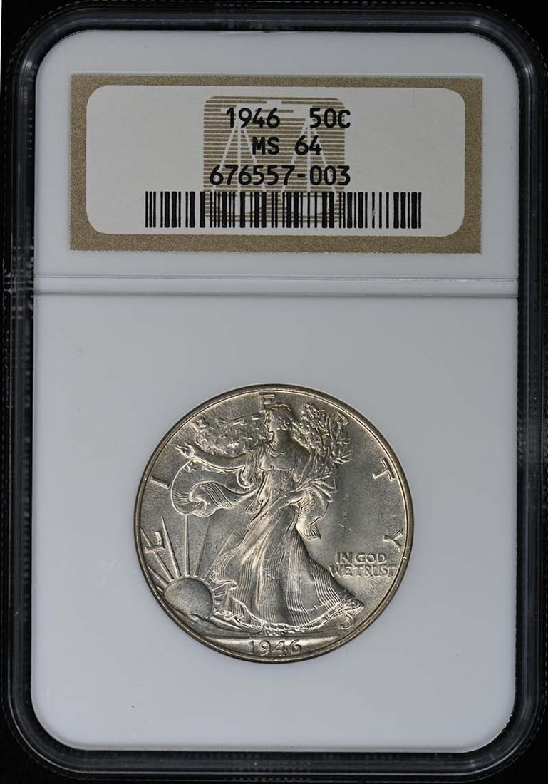 1946 MS64 Walking Liberty Half Dollar NGC Certified: 1946 MS64 Walking Liberty Half Dollar NGC Certified This 1946 Walking Liberty Half Dollar is certified by NGC with a grade of MS64, indicating uncirculated condition. Minted in Philadelphia, this coin
