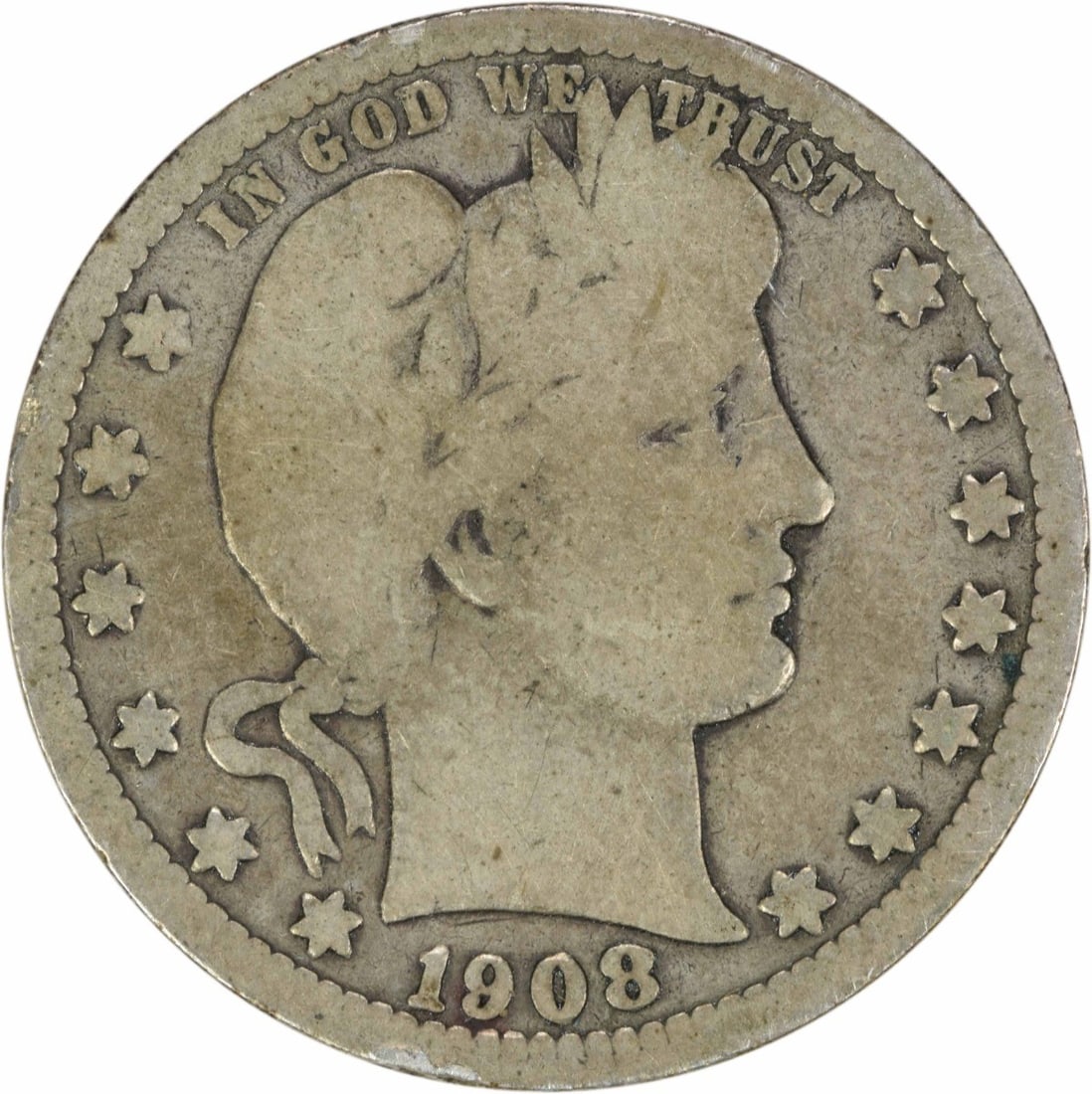 1908-S Barber Quarter 25C 90% Silver Uncertified G Grade: 1908-S Barber Quarter 25C 90% Silver Uncertified G Grade This 1908-S Barber Silver Quarter is a classic piece of American numismatics, minted in San Francisco. Made from 90% silver and 10% copper, thi