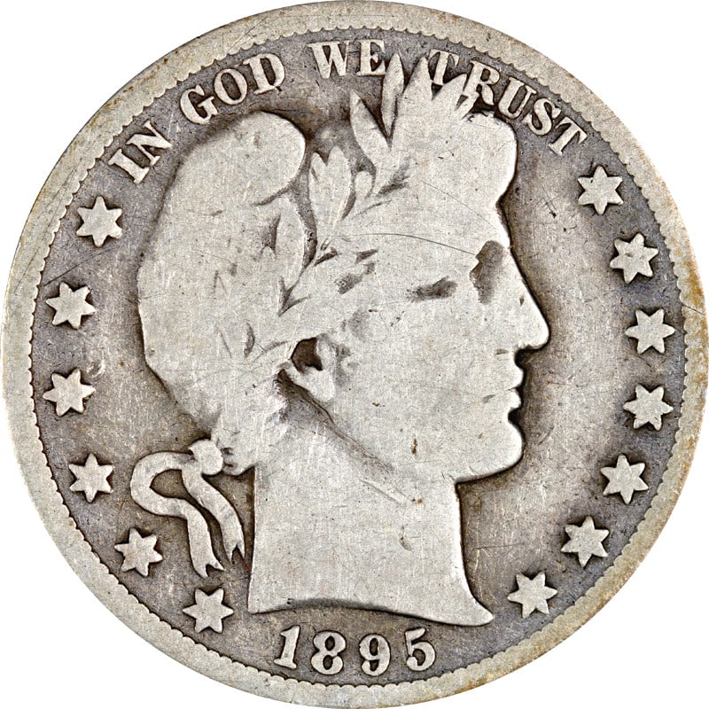 1895 O Silver Barber Half Dollar: 1895 O Silver Barber Half Dollar This 1895-O Barber Half Dollar is a circulated coin from the United States, minted in New Orleans in 1895. Made of 90% silver, it is an example of the classic Barber d