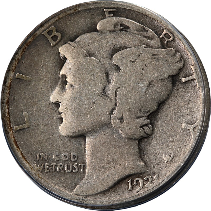 1921 Mercury Dime Silver ANACS G6 Philadelphia Key Date: 1921 Mercury Dime Silver ANACS G6 Philadelphia Key Date This original 1921-P Mercury Dime is certified by ANACS with a G6 grade. The coin is composed of silver with a fineness of 0.9 and was minted in