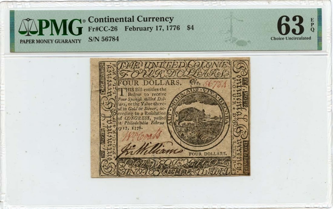 1776 Continental Currency $4 Note CC-26 PMG MS63 Uncirculated: 1776 Continental Currency $4 Note CC-26 PMG MS63 Uncirculated This February 17, 1776 Continental Currency note is a rare find, certified by PMG with a grade of MS63. It is categorized as CC-26 and is 