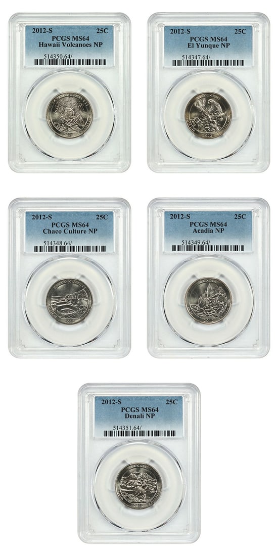 2012-S America the Beautiful Quarter Set PCGS MS64 Type 1 Clad Five Coins (1 of 2)