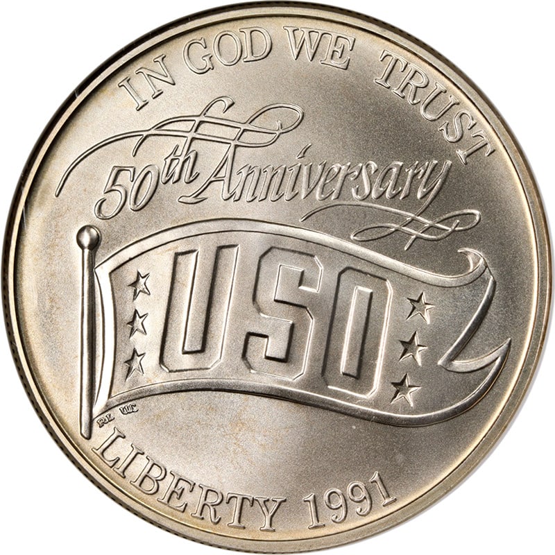 1991-D Silver USO Dollar NGC MS70 Commemorative Coin: 1991-D Silver USO Dollar NGC MS70 Commemorative Coin This 1991-D USO Commemorative Silver Dollar is a certified un-used coin, graded MS70 by NGC. Struck in 1991 at the Denver Mint, it is composed of .