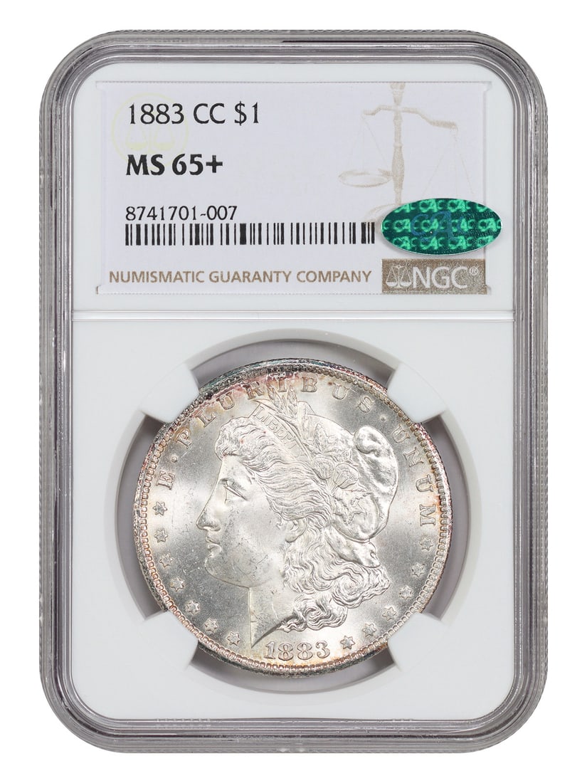 1883 CC Morgan Dollar NGC CAC MS65 Plus Carson City: 1883 CC Morgan Dollar NGC CAC MS65 Plus Carson City This is an 1883 Morgan Dollar struck at the Carson City Mint. The coin is certified by NGC with a CAC sticker and is graded MS65+. It is uncirculate
