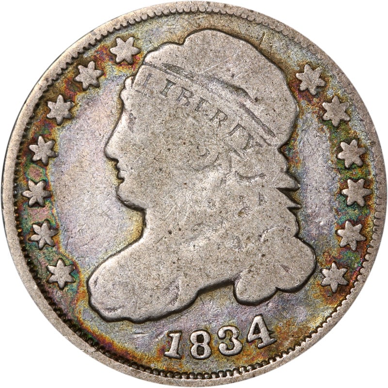1834 United States Silver Bust Dime Circulated Coin: 1834 United States Silver Bust Dime Circulated Coin This is an 1834 Bust Dime from the United States. The coin is composed of silver and has been circulated. It is uncertified and is in pre-owned cond
