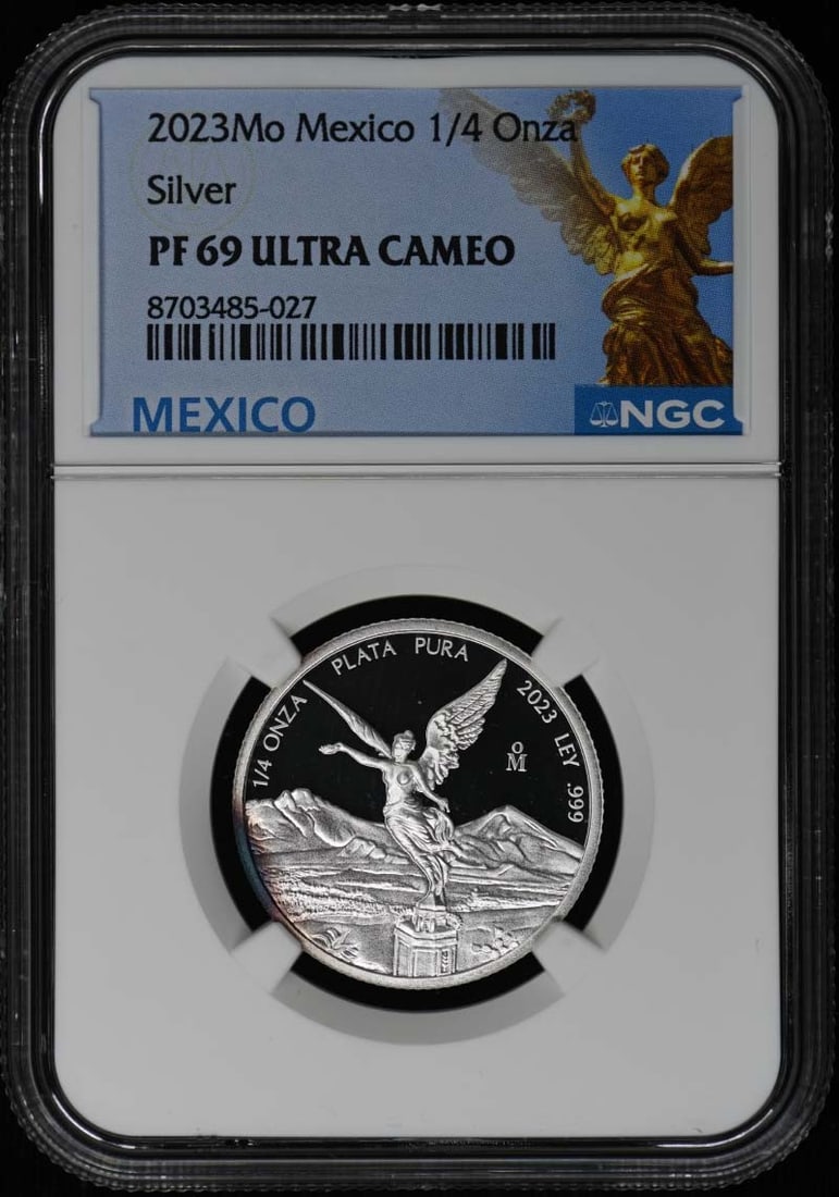 Mexico 2023 Silver 1 4 Onza NGC PR69DCAM: Mexico 2023 Silver 1 4 Onza NGC PR69DCAM This 2023 Mexico 1/4 Onza silver coin is graded PR69 by NGC, indicating a nearly flawless proof with deep cameo contrast. The coin is uncirculated and comes wi
