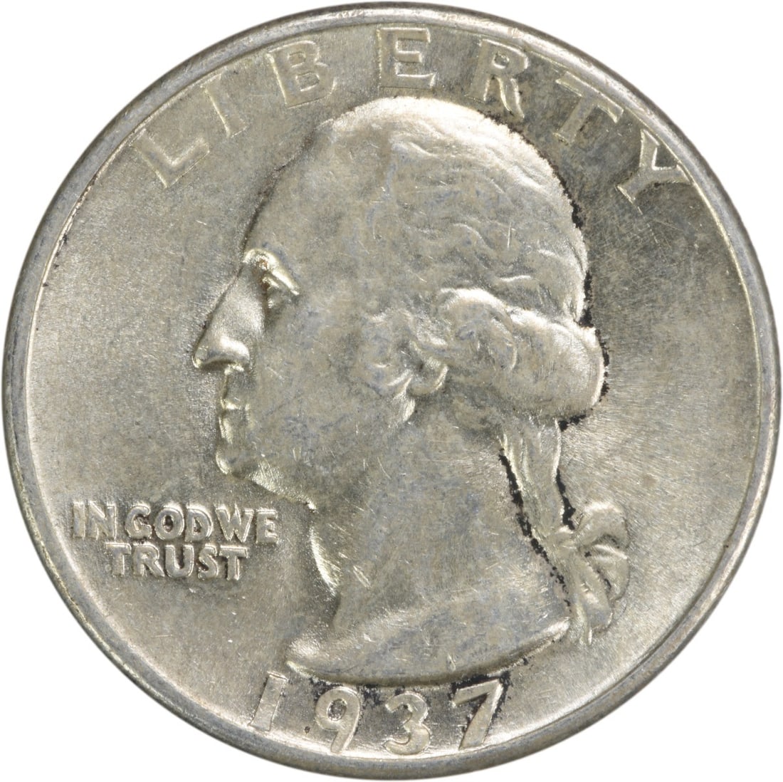 1937 Silver Washington Quarter Choice BU KM 164: 1937 Silver Washington Quarter Choice BU KM 164 This 1937 Washington Quarter is composed of silver and is in Choice Brilliant Uncirculated (BU) condition. The coin is uncertified and features no mint 