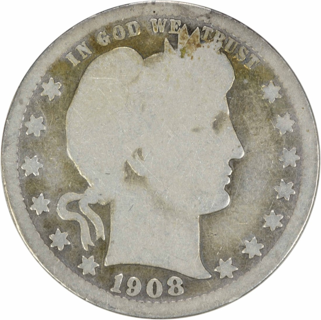 1908-S Barber Quarter 25C G Grade Uncertified Silver Coin: 1908-S Barber Quarter 25C G Grade Uncertified Silver Coin This 1908-S Barber Silver Quarter is a classic piece of American numismatics, featuring the distinguished Barber design by Charles E. Barber. 