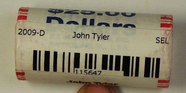 Roll of 25 2009-D John Tyler $1 Presidential Dollars Uncirculated Bank Wrapped: Roll of 25 2009-D John Tyler $1 Presidential Dollars Uncirculated Bank Wrapped This is a 2009-D John Tyler Presidential Dollar roll containing 25 uncirculated $1 coins. The coins are bank wrapped in t