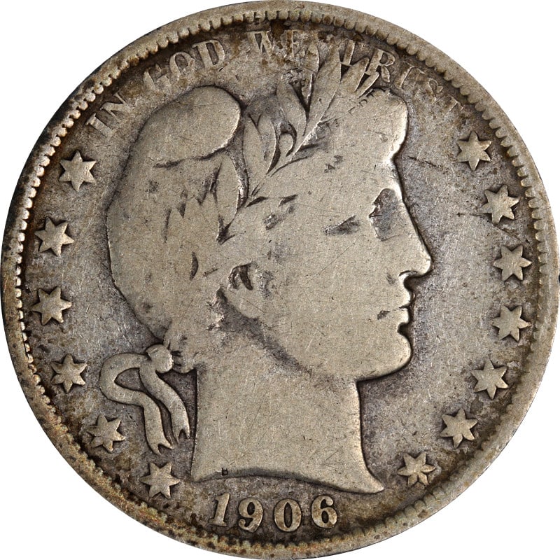 1906 New Orleans Mint Silver Barber Half Dollar Coin United States: 1906 New Orleans Mint Silver Barber Half Dollar Coin United States This is a 1906-O Barber Half Dollar coin from the United States. The coin is circulated and composed of silver with a fineness of 0.9