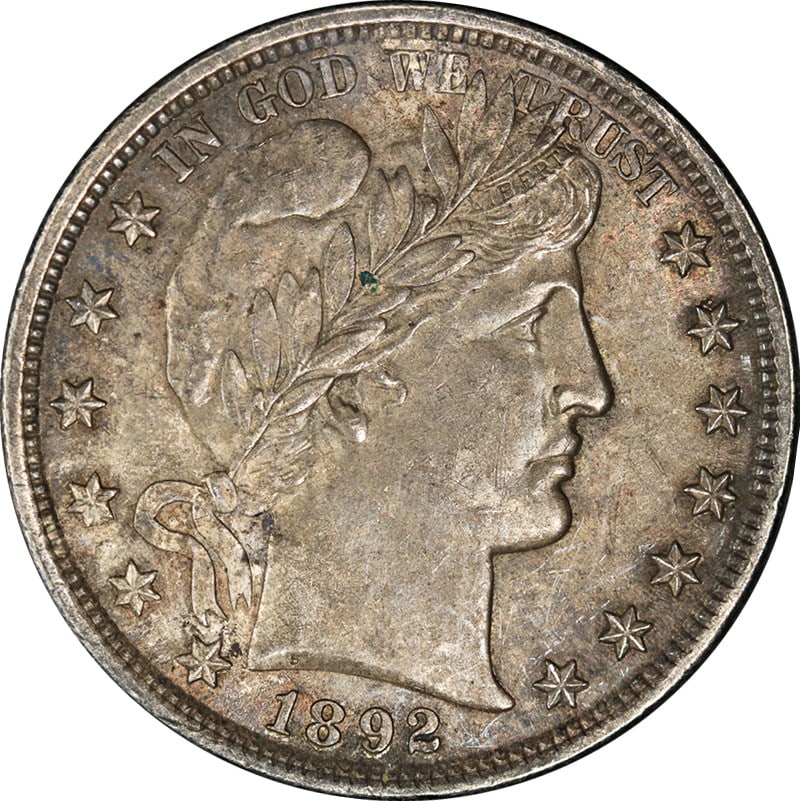 1892 Philadelphia Barber Half Dollar Silver Nice BU+ Strong Strike: 1892 Philadelphia Barber Half Dollar Silver Nice BU+ Strong Strike This original 1892-P Barber Half Dollar is an uncirculated silver coin featuring strong strike and attractive luster. The toning enha