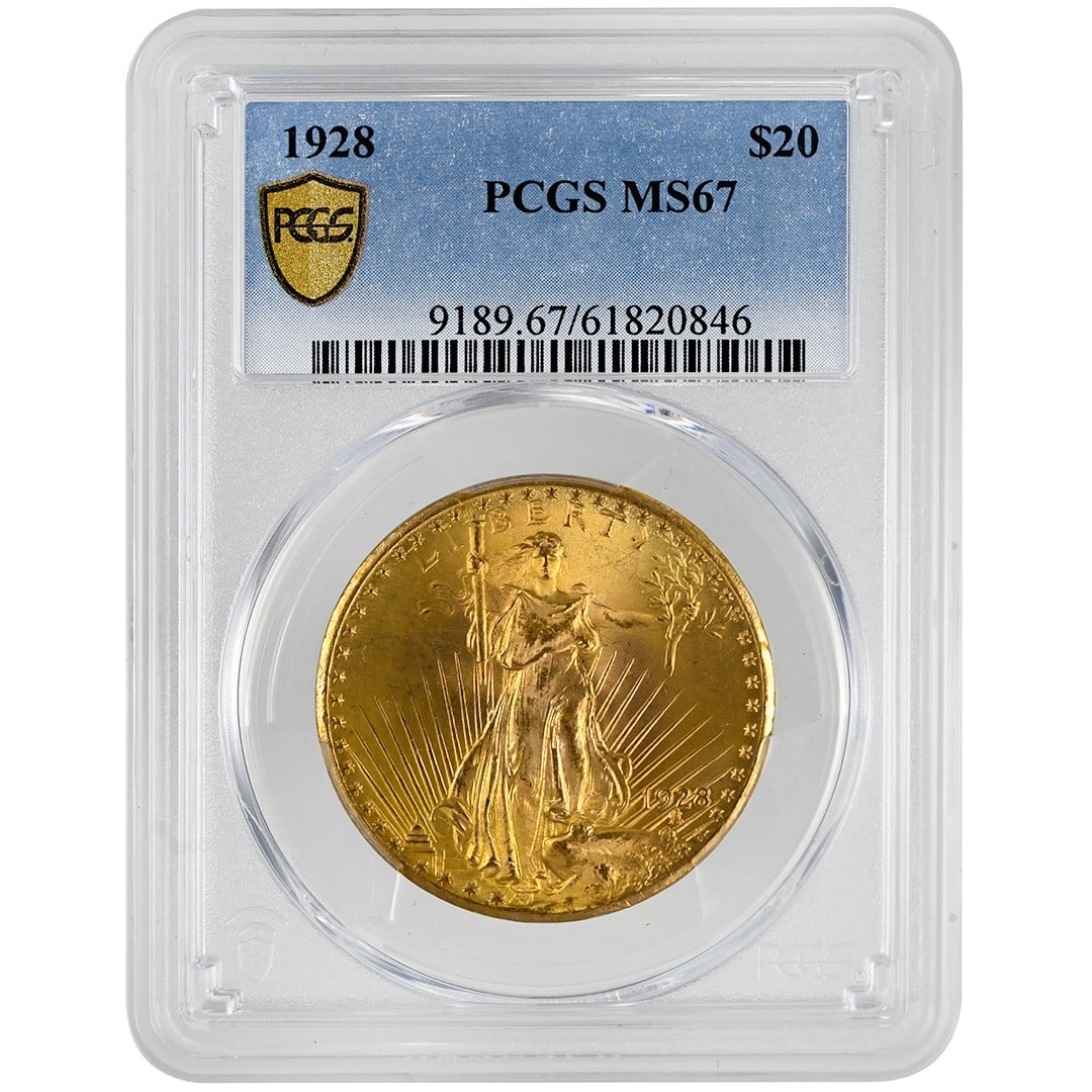 PCGS MS67 1928 Saint Gaudens $20 Gold Coin: PCGS MS67 1928 Saint Gaudens $20 Gold Coin This 1928 $20 St. Gaudens gold coin is graded MS67 by PCGS, indicating a high-quality, uncirculated example. Struck in Philadelphia, it features bright gold 