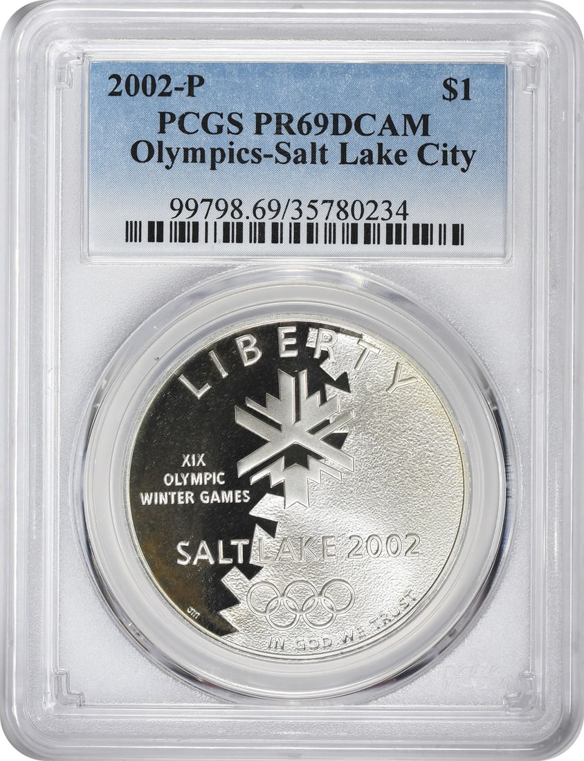 PCGS PR69DCAM 2002 P Olympic Silver Dollar Commemorative Proof: PCGS PR69DCAM 2002 P Olympic Silver Dollar Commemorative Proof This 2002-P Salt Lake City Olympics Silver Commemorative Dollar is a proof coin graded PR69DCAM by PCGS. Struck in silver, it commemorate