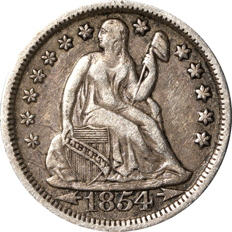 1854 Philadelphia Seated Liberty Silver Dime: 1854 Philadelphia Seated Liberty Silver Dime This 1854-P Seated Liberty Dime is a circulated silver coin from the United States, featuring a fineness of 0.9. It is classified as Choice+ condition and 