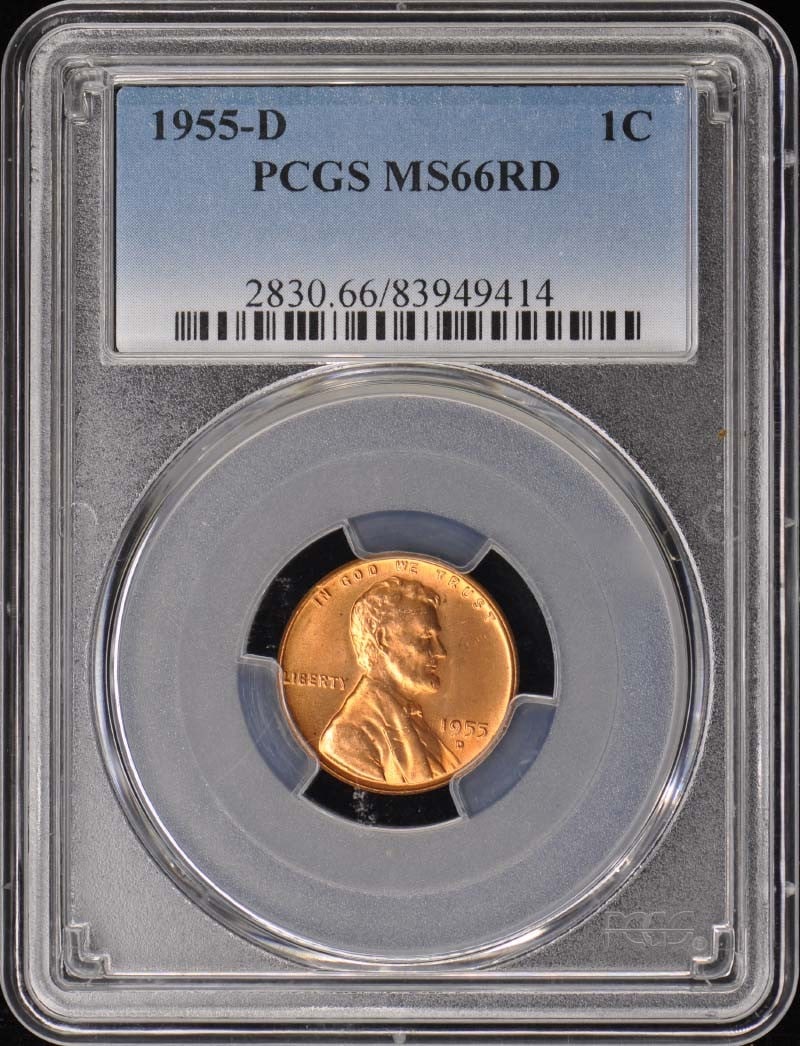1955-D Lincoln Cent Type 1 Wheat Reverse PCGS MS66RD: 1955-D Lincoln Cent Type 1 Wheat Reverse PCGS MS66RD This 1955-D Lincoln Cent features the Type 1 Wheat Reverse and has been graded as MS66RD by PCGS, ensuring its high quality and uncirculated condit
