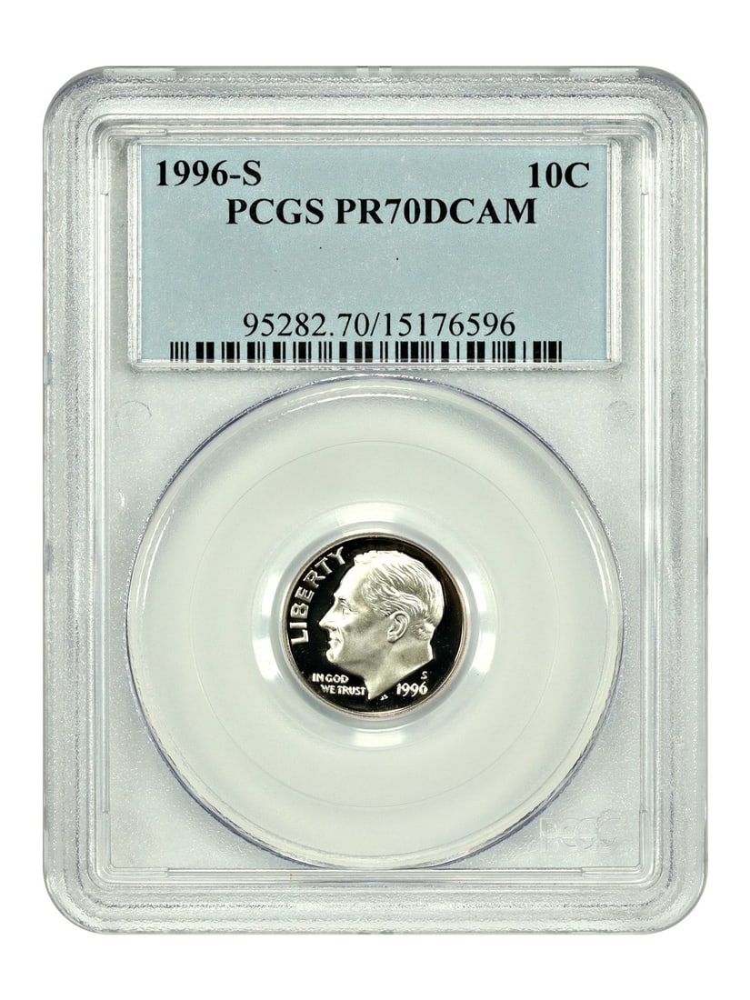1996-S Roosevelt Dime PCGS PR70DCAM Proof San Francisco Mint: 1996-S Roosevelt Dime PCGS PR70DCAM Proof San Francisco Mint This 1996-S Roosevelt Dime is a proof coin graded PR70DCAM by PCGS, indicating a perfect grade with deep cameo contrast. It is an uncircula