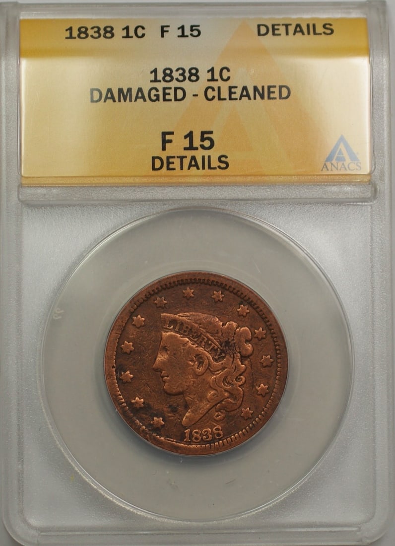 1838 Copper Large Cent ANACS F-15 Rim Bumps Philadelphia Mint: 1838 Copper Large Cent ANACS F-15 Rim Bumps Philadelphia Mint This 1838 Large Cent 1C coin is graded F-15 by ANACS and has been certified as circulated. Struck in copper at the Philadelphia Mint, this