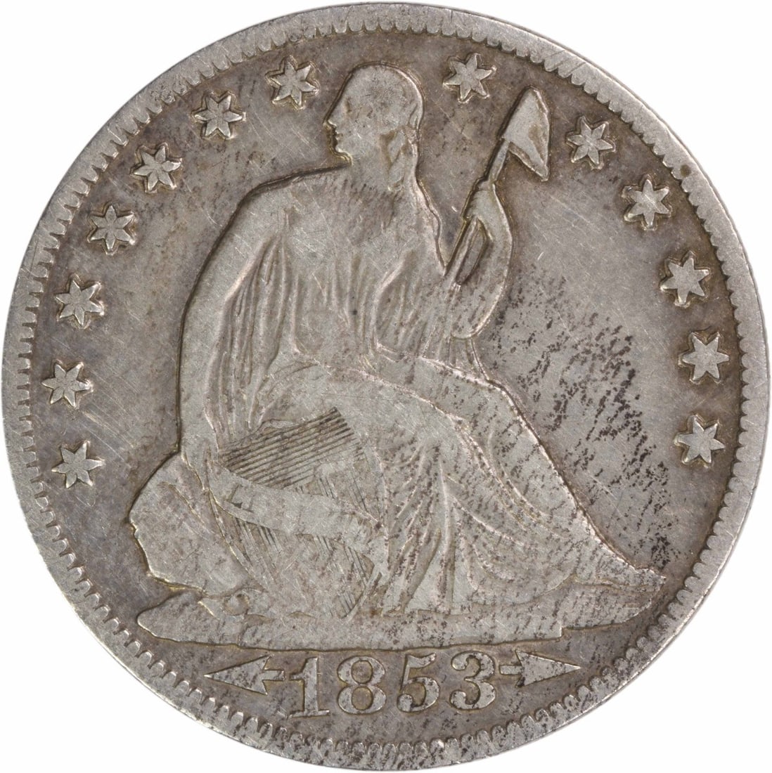 1853 New Orleans Seated Liberty Half Dollar 90 Percent Silver Fine Grade Uncertified: 1853 New Orleans Seated Liberty Half Dollar 90 Percent Silver Fine Grade Uncertified This is an 1853-O Liberty Seated Silver Half Dollar from the New Orleans Mint. The coin is circulated and features 