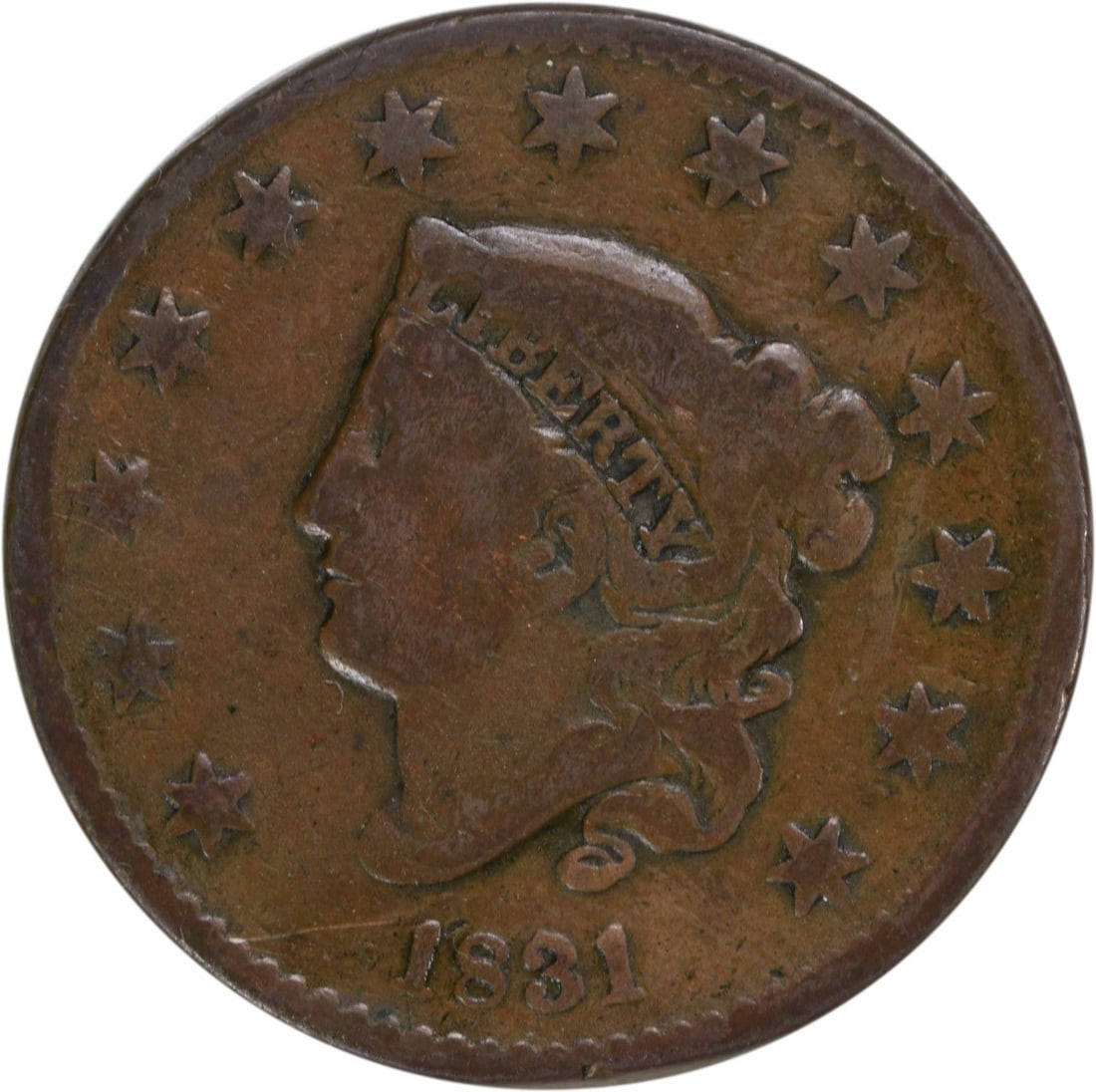 1831 Large Cent Coronet Head Copper VG Uncertified: 1831 Large Cent Coronet Head Copper VG Uncertified This 1831 Large Cent features the iconic Coronet Head design by Robert Scot, representing a significant piece of American numismatic history. Struck 