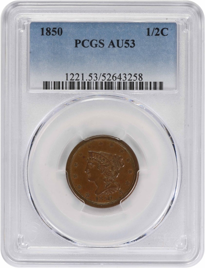 1850 Braided Hair Half Cent Graded AU53 by PCGS: 1850 Braided Hair Half Cent Graded AU53 by PCGS This 1850 Braided Hair Half Cent, graded AU53 by PCGS, is a circulated copper coin minted in Philadelphia. Designed by Christian Gobrecht, it features a