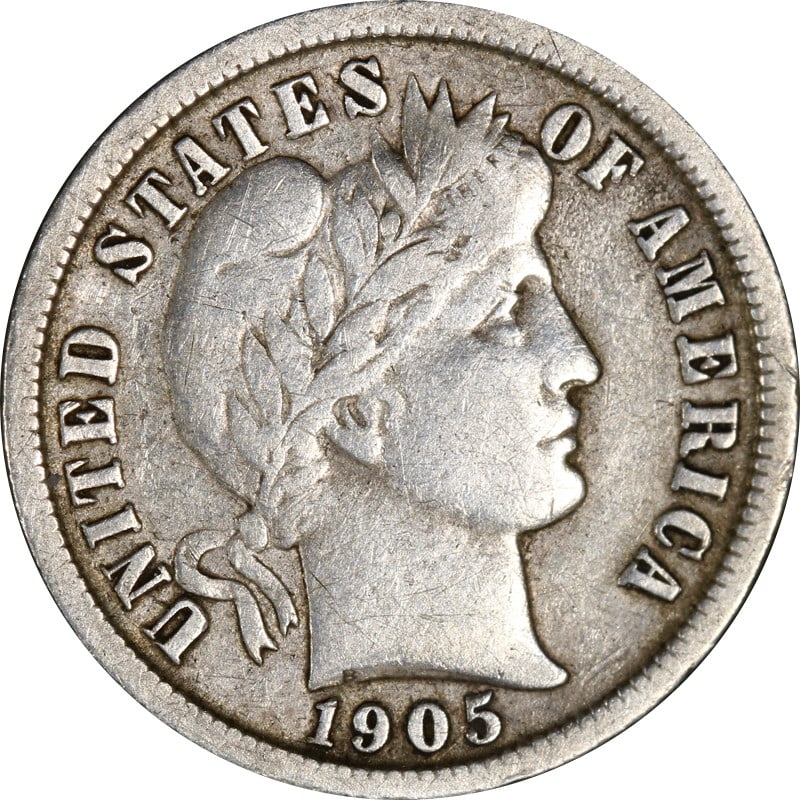 1905 O United States Silver Barber Dime: 1905 O United States Silver Barber Dime This 1905-O Barber Dime is a circulated silver coin from the United States, minted in 1905 at the New Orleans Mint. It is composed of silver with a fineness of 